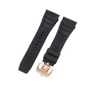 ROUHO 25mm Étanche Silicone Bracelet Montre, Souple Caoutchouc Bande Montre pour Richard Mille RM11-03-Noir + Or Rose Boucle