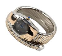 ROUHO Montre Casual Féminine Quartz, Élastique Forme de Serpent Bracelet Enrouleur-Argent Or + Noir