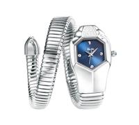 ROUHO Montre Féminine Casual Quartz, Etanche Tête de Serpent Bracelet Acier Inoxydable-Argent + Bleu