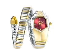 ROUHO Montre Féminine Casual Quartz, Etanche Tête de Serpent Bracelet Acier Inoxydable-Argent Or + Rouge