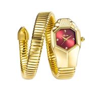 ROUHO Montre Féminine Casual Quartz, Etanche Tête de Serpent Bracelet Acier Inoxydable-Or + Rouge