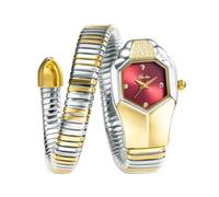 ROUHO Montre Féminine Étanche, Forme de Serpent Bracelet Enrouleur Montre-Argent Or + Rouge