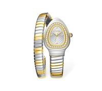 ROUHO Montre Féminine Quartz, Élastique Tête de Serpent Bracelet Enrouleur-Argent Or + Blanc
