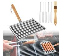 Rouleau à Hot-Dog Grill, 24x18,5cm Acier Inoxydable Hot Dog Roller Rouleau à Saucisses avec Manche en Bois Brosse à Brochettes pour Barbecue Capacité de 5 Hot Dog pour Hot-Dog