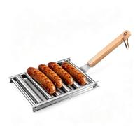 Rouleau à hot-dog pour gril, support à rouleaux de saucisses à hot-dog en | Support à saucisses pour barbecue, convient aux barbecues à gaz et à charbon de bois, manche en bois de hêtre, 18,5 x 24 cm