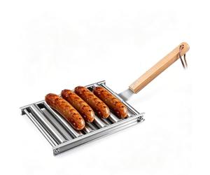 Rouleau à hot-dog pour gril, support à rouleaux de saucisses à hot-dog en | Support à saucisses pour barbecue, convient aux barbecues à gaz et à charbon de bois, manche en bois de hêtre, 18,5 x 24 cm