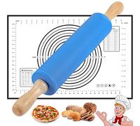 Rouleau a Patisserie Silicone, Rouleau à Pâtisserie avec Poignées en Bois et Mesure Tapis de Cuisson en Silicone, Rouleau Patisserie Antiadhésif pour Cuisson Pizza, Pâte, Biscuit, Fondant (Bleu)