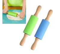 Rouleau à Pâtisserie en Silicone Antiadhésif, Rouleau à pâtisserie Coque en Silicone antiadhésif Surface Manche en Bois,Pour Enfants (2, Bleu,Vert, 22 * 4.3cm)