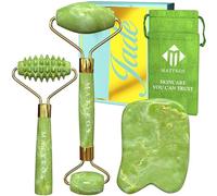 Rouleau certifié Jade pour le visage et Gua Sha Outils de soins de la peau par Matykos - Pierres certifiées vertes Xiuyan - Produits de massage anti-âge pour drainage lymphatique et rides