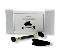 Rouleau de Jade Noir & Accessoire de massage Gua Sha pour le visage - Pierre noire naturelle Obsidienne en forme de cœur pour un massage Gua Sha du cou et du contour des yeux - Anti-âge - Anti-rides