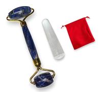 Rouleau de Massage Facial en Pierre Véritable, Bâton de Sélénite et Pochette en Feutrine Rouge Offerte. (Sodalite du Brésil)