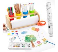 Rouleau de Papier à Dessin pour Enfants Incluant Distributeur en Bois Antidérapant - 35 Pièces Créatives Comprenant des Peintures, des Pinceaux et un Rouleau de Papier à Dessin - Encourage l'Indépenda