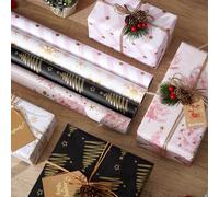 Rouleau de papier cadeau de Noël, gaufrage à chaud, lot de 4 rouleaux de papier cadeau de Noël, papier cadeau de Noël rétro, avec autocollants, étiquettes, cordes en papier 43 x 300 cm