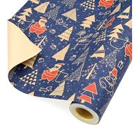 Rouleau de papier cadeau kraft bleu 15 m x 43 cm imprimé avec Père Noël, cerf et arbre rouges, 100 % recyclable pour cadeau d'anniversaire, vacances, festival, hiver, Noël