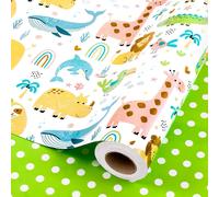Rouleau De Papier Cadeau Pour Fête Prénatale - Motif Animaux Heureux De La Jungle Et Pois Verts Pour Anniversaire, Nouveau-Né, Garçon Et Fille - 43 Cm X 10 M