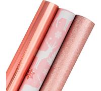 Rouleau De Papier D'emballage De Noël - Mini Rouleau - Renne/Papier Métallisé Or Rose/Papier Pailleté Or Pour Emballage Cadeau, Bricolage - 43.2cmx305cm - 3 Rouleaux (42.5 Sq.Ft.Ttl.)