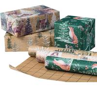 Rouleau De Papier D'emballage Kraft De Noël - Renard, Renne Et Arbre De Noël - 43,2 Cm X 3 M Par Rouleau, Total De 3 Rouleaux