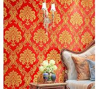 Rouleau de papier peint intissé de luxe damassé texturé en relief pour chambre à coucher, salon Rouge 9,5 x 0,53 m