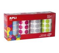 APLI Kids 17685 - Boîte de 7 080 gommettes rondes Ø 20 mm, 4 couleurs (bleu clair, fuchsia, gris, vert clair) pour activités éducatives et créatives enfants.