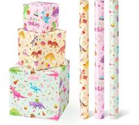 Rouleaux De Papier Cadeau Dinosaure - 3 Rouleaux De Papier Cadeau Rose Dinosaure Pour Enfants Fille Papier Cadeau D'anniversaire Jurassique Avec Ligne De Découpe 43cm X 3m