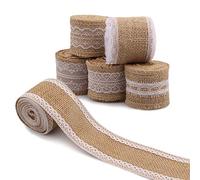 Rouleaux de ruban en toile de jute naturelle avec dentelle - 6 pièces - Rouleau de jute rustique - Pour mariage - Pour loisirs créatifs - Décoration de fête - B