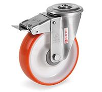 Roulette à oeil INOX pivotante à frein diamètre 100 mm roue polyuréthane rouge roulement à billes - 200 Kg
