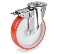 Roulette à oeil INOX pivotante à frein diamètre 125 mm roue polyuréthane rouge - 220 Kg