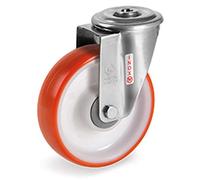Roulette à oeil INOX pivotante diamètre 100 mm roue polyuréthane rouge roulement à billes - 200 Kg