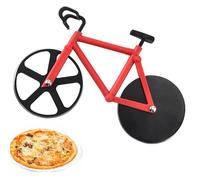 Roulette à pizza en forme de vélo, roulette à pizza en acier inoxydable, double couteau à pizza super tranchant avec revêtement anti-adhésif et béquille, gadgets de cuisine, fournitures de fête, rouge
