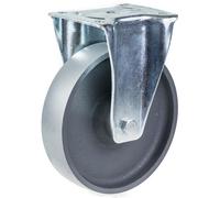 Roulette fixe 200 mm - Roue en fonte grise, support en acier embouti, roulement à rouleaux, axe boulonné, grande résistance