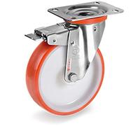 Roulette INOX pivotante à frein diamètre 100 mm roue polyuréthane rouge - 170 Kg