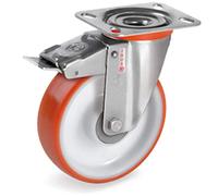 Roulette INOX pivotante à frein diamètre 125 mm roue polyuréthane rouge moyeu à billes - 220 Kg