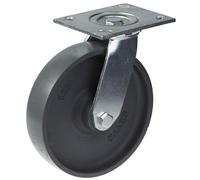 Roulette pivotante 200 mm - roue en fonte grise, roulements à billes doubles et axe boulonné, résistance élevée pour charges lourdes