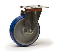 Roulette pivotante INOX Ø100 fixation à platine, polyuréthane bleu moyeu à billes