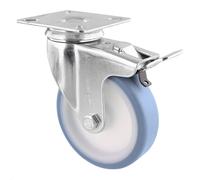 Roulette pivotante souple WAGNER - Ø 100 mm, acier galvanisé, bleu / blanc, frein, plaque à visser, charge max. 75 kg - 03370001