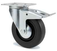Roulette Portroll et Manuroll caoutchouc noir à platine pivotante + frein 125mm - GUITEL HERVIEU - 601064