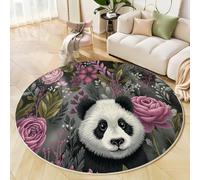 Round Anti-Slip Rug 160 Cm, Panda Dessin Animé Soft Imitation Cashmere Circle Carpet - Fleurs Et Feuilles Non-Shedding Easy Care Area Rugs for Dining Room Kids Room Hallway Entrance Gris