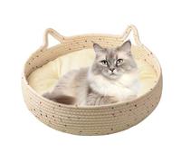 Round Cat Bed - Cute Cotton Rope Nest Design, with Anti-Slip Bottom Scratch Pad, Plush Pet Cushion for Kitten Sleeping, Indoor Calming Retreat for Puppy Small Dogs | for Home Decor Apartment Outdoor