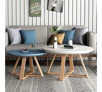 Round Nesting Coffee Table Set White & Blue Pine Wood Legs Easy Assembly Stylish Living Room Furniture 70cm & 50cm SizesCenter Tables for Home Decor