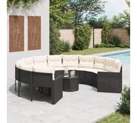 Round Outdoor Sofa Set with Coffee Table and Cushions, Black Wicker Rattan Patio Conversation Set for Garden, Terrace, 6-Seater Resin Furniture with Tempered Glass Top, Thick Padded Seat Cushions