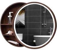 Round Wall Mounted Bathroom Mirror Cabinet with LED Light Wooden Makeup Vanity for Bedroom Stylish Round Makeup Mirror with Storage Compartment