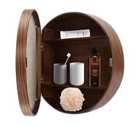 Round Wooden Bathroom Mirror Cabinet 60cm Space Saving Vanity Mirror with Storage Function Wall Mounted Mirror for Home Decor (Brown)