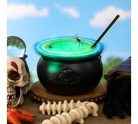 RoundFunny Décorations d'intérieur d'Halloween, chaudron de sorcière magique automatique avec 4 cordes lumineuses, accents d'araignée, bâton mélangeur en plastique noir, bol décoratif vintage