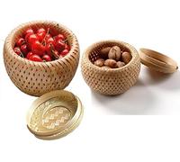Roundsky Lot de 2 petites corbeilles décoratives en bambou avec couvercle pour ranger de petits objets, boîte en bambou tressée et faite à la main pour le rangement