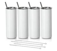 Roundsky Lot de 4 tasses à sublimation fines et droites de 20 oz en acier inoxydable avec couvercle et paille