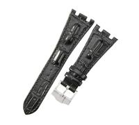 ROUREOX 28mm Bandes de Montre Cuir Véritable Fermoir en Acier Inoxydable Bracelets de Montre Remplacement Ajustables pour AUDEMARS PIGUET Royal Oak Offshore-Noir + Argent