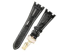 ROUREOX 28mm Bandes de Montre Cuir Véritable Fermoir en Papillon Acier Inoxydable Bracelets de Montre Remplacement Ajustables pour AUDEMARS PIGUET Royal Oak Offshore-Noir + Blanc + Or