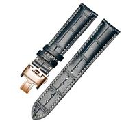 ROUREOX Bracelet de Montre en Cuir Véritable Façon Alligator avec Boucle Déployante de Remplacement pour Longines Master Elegant Conquest Series-Bleu + Blanc + Or Rose 19 * 18mm