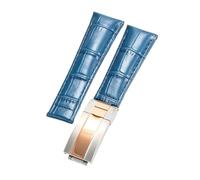 ROUREOX Doux Cuir Authentique Bande de Montre de Remplacement Cuir Lisse Boucle Pliante Bracelet de Montre Fermoir Pliant pour Rolex Cosmograph Daytona-Bleu + Argent + Or Rose