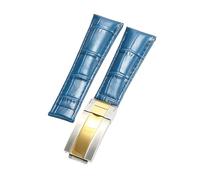 ROUREOX Doux Cuir Authentique Bande de Montre de Remplacement Cuir Lisse Boucle Pliante Bracelet de Montre Fermoir Pliant pour Rolex Cosmograph Daytona-Bleu + Argent + Or